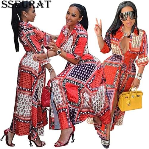 SSEURAT 2021 Women Autumn Vintage Long Sleeves Maxi Shirt Dress Fashion Female Longue Robe Casual Print Vestidos