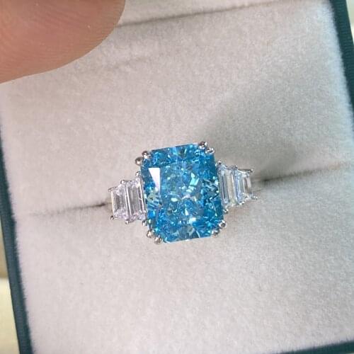 100% Sterling Silver 925 Aquamarine Stone Rings for Women High Carbon Diamond Wedding Engagement Ring Fine Jewelry Gift