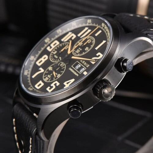 43mm Parnis Quartz Mens Watch Analogue Chronograph Military Pilot Watch Diving Watch 100m Waterproof Calendar Wristwatch Mens