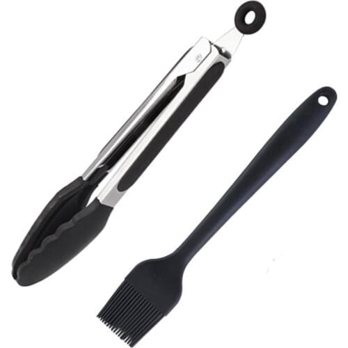2pcs Black Color Silicone BBQ Tongs+Oil Brush Kitchen Tongs BBQ Grill Food Meat Tongs Barbecue Tong Oil Sauce Brushes Tool Brush
