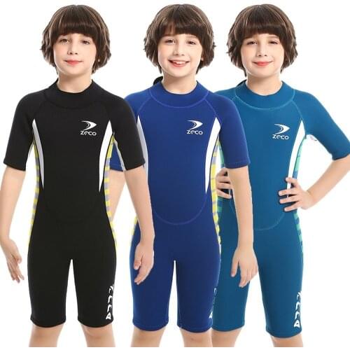 2.5mm Kids Shorty One-piece Patchwork Wetsuit Boys Zip Short Sleeve Warm-proof Neoprenes Diving Surf Suit Spearfishing Frozen