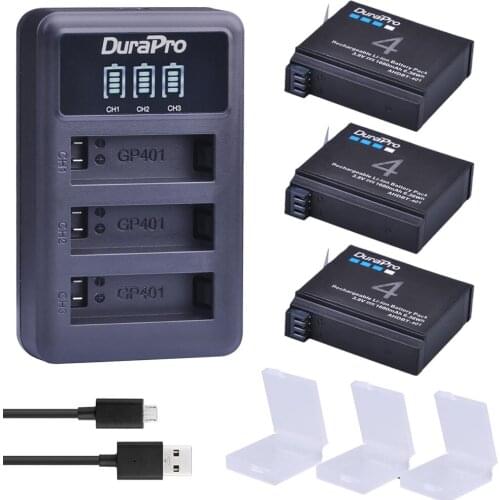 3pc For GoPro Hero4 Hero 4 battery +LED USB Charger for go pro AHDBT-401 HERO4 Black Silver action camera accessory