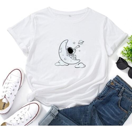 Cartoon Astronaut T Shirt Woman Top Light Comfortable Short-sleeved T-shirt for Women Harajuku Style Casual Loose Print Top Tee