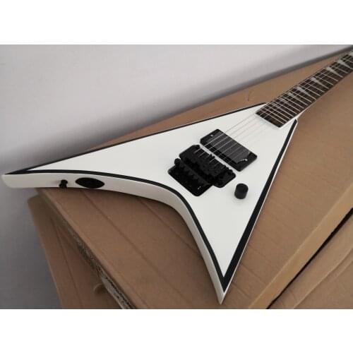 Custom 6 string guitar,irregular V shape white body ,black stripe,tremolo bridge H pickups,black hardware