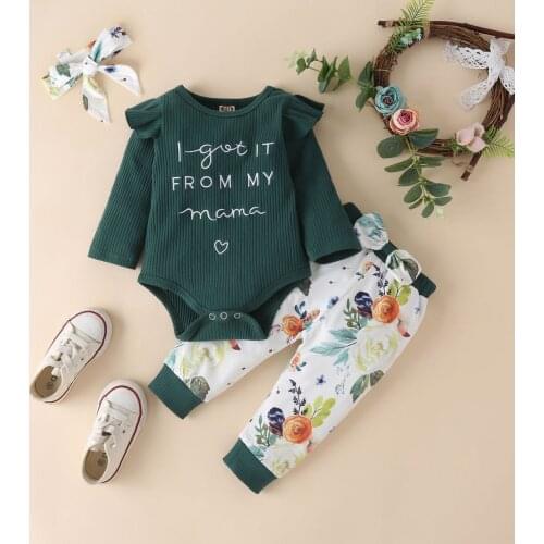 3Pcs Newborn Baby Girl Clothes Set Letter Print Romper + Bow Floral Print Pants Headband Outfits Casual Infant Clothing