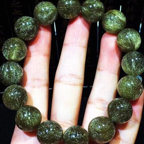 Genuine Natural Silver Rutilated Quartz Bracelet Crystal 14.2mm Round Beads Woman Man Rare Gemstone Gift AAAAA