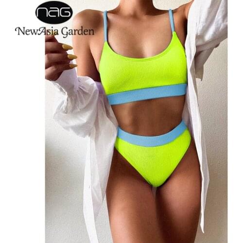 NewAsia Knitted Bikini Set Color Blocking Patchwork High Waist Bra And Panty Set Women Sexy Summer Beach Party Wear Bathing Suit