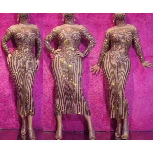 New Sparkly Rhinestone Long Sleeve Sexy Bodycon Long Dress O-Neck Fashion Birthday Party Celebrate Dress Bar Singer Stage Wear