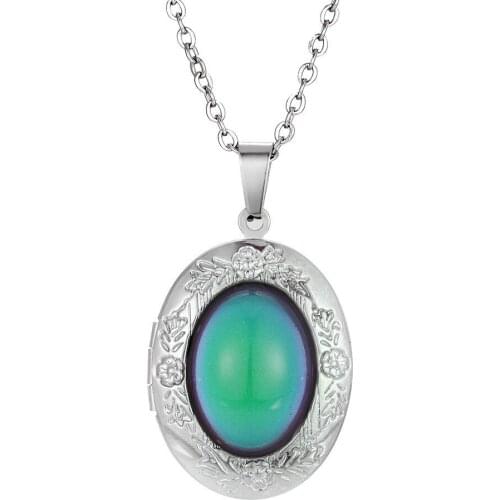Stainless Steel Changing Color Mood necklace Emotion Feeling Temperature royal oval phase box Pendant necklace 12pcs/lot