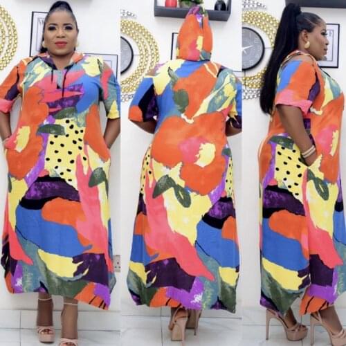 African Gown Dresses For Women Hooded Half Sleeve Pockets Robes Fashion Tie Dye Print Street Style Casual African T Shirt Dress
