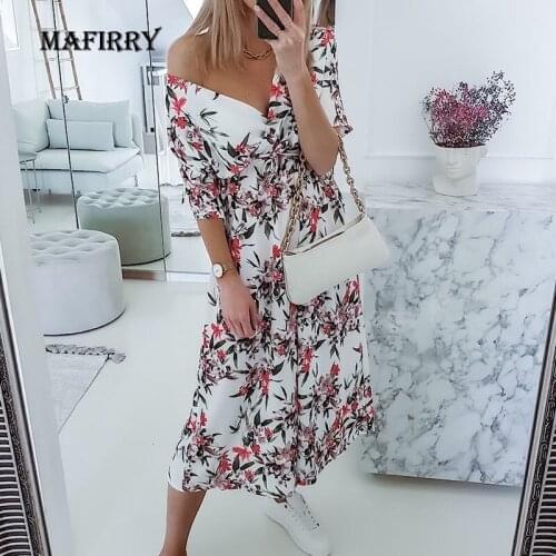Sexy Women Off Shoulder Floral Print Dress Summer Casual V Neck Elegant Holiday Dress Female High Waist Slim Short Sleeve Dress