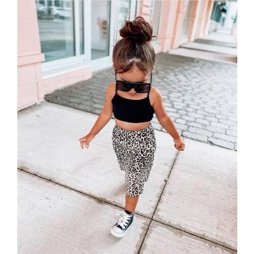 Kids Baby Girls Summer Two Piece Casual Set Off Shoulder Fresh Solid Color Suspender Tops and Leopard A-line Mid-length Skirt