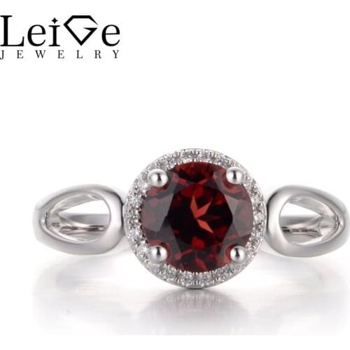 Leige Jewelry Natural Red Garnet Gemstone Round Cut Prong Setting Halo Rings For Woman January Birthstone 925 Sterling Silver
