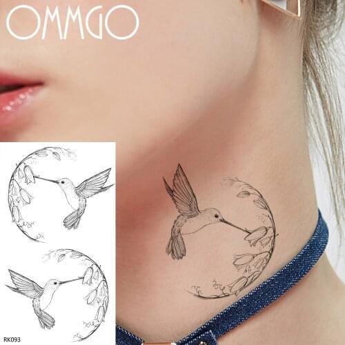OMMGO Geometric Hummingbird Flower Temporary Tattoos Black Fly Fake Tattoo Sticker Custom Body Art Arm Neck Tatoo For Women Men