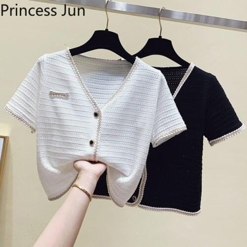 Women Summer Black White Thin T Shirt V Neck Short Sleeve Color Patchwork Ice Silk Knit Shirt Cardigan Fashion Sunscreen Tops