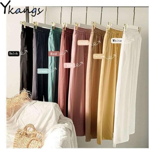 Plus Size Ice Silk Elastic High Waist Long Pants Women Solid Wide Leg Harajuku Baggy Pants Women Summer Korean Fashion Trousers