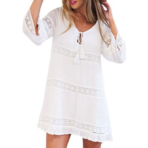 Women Dresses Summer 2021 Deep V Lace Side Hollow Lantern Sleeve Travel And Vacation Thin Womens Beach Dress Vestidos Mujer
