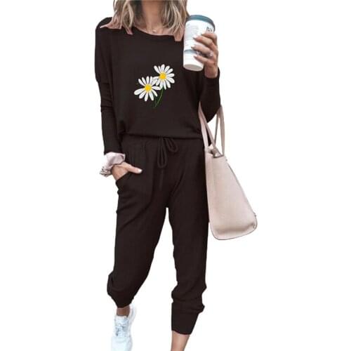 Women Casual Sports Outfits Long Sleeve Flower Printed Tops Loose Elastic Long Pants Set Ladies Spring Autumn Tracksuits Set