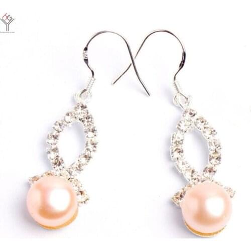 Women Jewelry Earring 9mm Bright pink round Pearl Dangle rhinestone bowknot hook Earring natural freshwater pearl