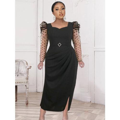 Women Black Bodycon Dress Long Sleeve Patchwork Curve Mesh Plus Size Polka Dot Midi Elegant Ladies Evening Birthday Party Robes