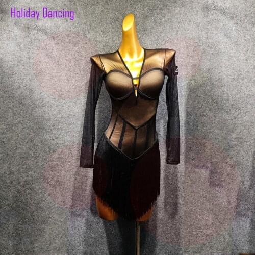 Women Latin Dance Dress Long Sleeve Patchwork Tassel Dancing Practise Cloth Samba Tango Chacha Dancing Performamnce W447