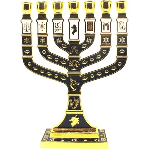 Golden Seven Branch Menorah 12 Tribes of Israel Jewish Candle Holder