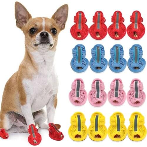 4PCs/ Set Casual Dog Shoes Anti-Slip Puppy Shoes Small Pet Spring Summer Breathable Soft Mesh Sandals Cute Dog Supplies