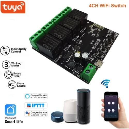 4CH WiFi Switch Tuya Smart Life Remote Control Wireless Smart Switch Modul DIY 4 Gang Relay Voice Control with Alexa Google Home