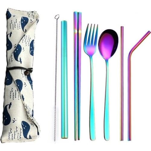 8pcs Set 304 Stainless Steel Metal Straws Straw Chopsticks Fork Spoon Cutlery Dinnerset Spoon Sets Tableware Tools W/ Pouch