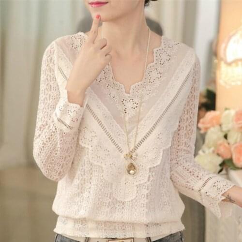 Blouses Woman 2021 V-neck White Blouse Ladies Tops Long Sleeve Hollow Out Lace Blouse Women Shirts Womens Tops And Blouses C219