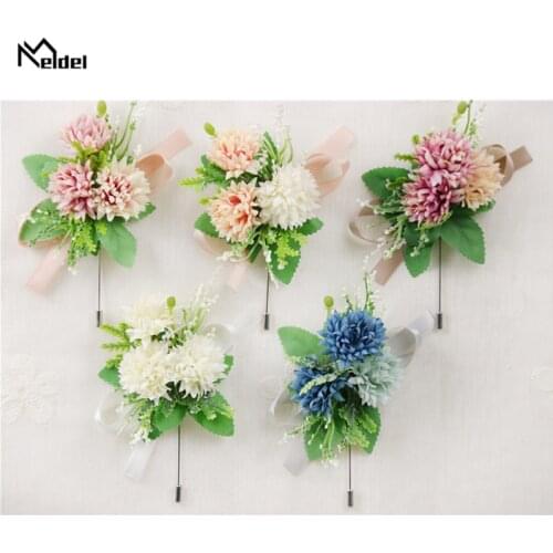 Meldel Groom Boutonniere Artificial Silk Pompon Flower Bridesmaid Wrist Corsage Girl Bracelet Wedding Flower Men Suit Decoration