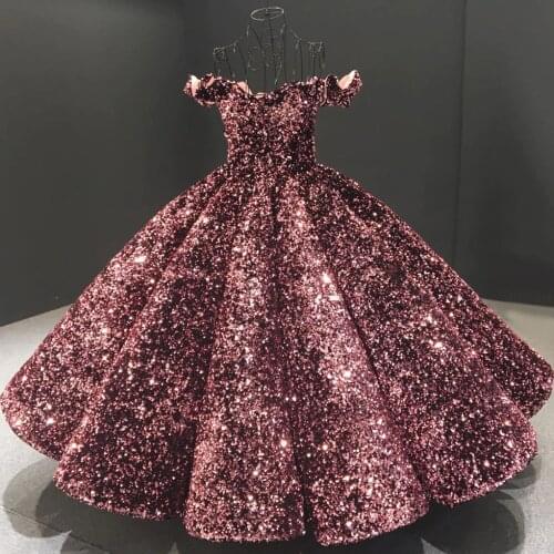 Dubai Bean Pink Off Shoulder Luxury Evening Gowns 2020 Sequins Sparkle Ankle-Length Formal Dress Serene Hill HA2093