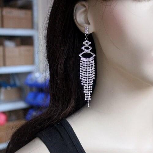 Elegant Crystal Long Tassels Earrings for Women Silver Color Bridal Brincos Wedding Drop Dangle Earrings Statement Jewelry