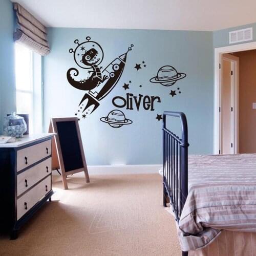 Custom Name Wall Decal for Kids Rooms Dinosaur Rocket Star Wall Stickers Space Animal Astronaut Decals Bedroom Decoration A301
