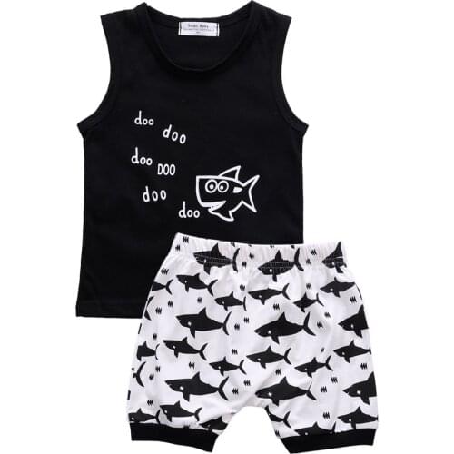 2018 Summer Baby Boys Sleeveless Tops Shark Shorts T-shirt Outfits 2Pcs Set Clothes Casual Clothes 0-24M