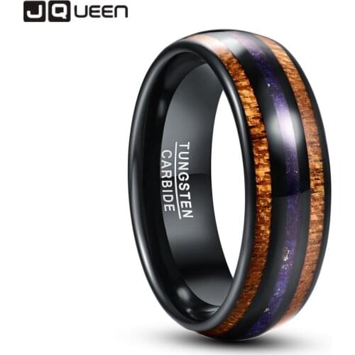 JQUEEN 8mm Acacia Wood Lapis Lazuli Electric Black Tungsten Steel Ring Carbide Ring Mens Engagement Jewelry