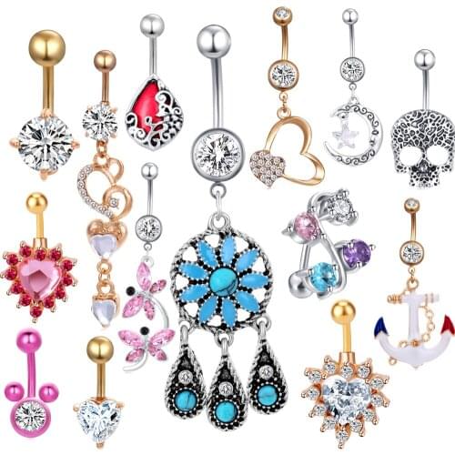 JUNLOWPY 1pcs 14 Woman Dangle Belly Button Rings Stainless Steel Navel Piercing Jewelry Dance Belly ombligo Body Nombril Kit
