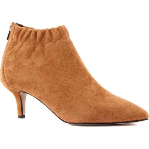 Kadın Taba Süet Lastikli Yarım Bot Çizme İnce Topuklu Sivri Burun Arkadan Fermuarlı