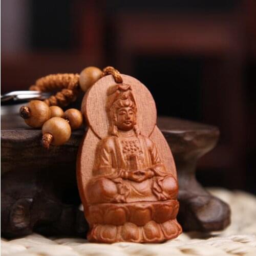 Chinese Peach Wood Carved Lotus Flower Guan Yin Kwan-yin Bodhisattva Safe And Happiness Exquisite Car Key Chain Pendant