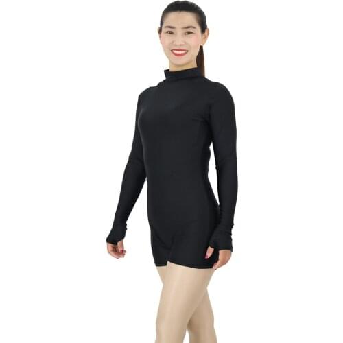 AOYLISEY Women Black Dance Shorty Unitard Turtleneck Long Sleeve Playsuit Gymnastic Womens Skinny Bodysuit with Shorts Costume
