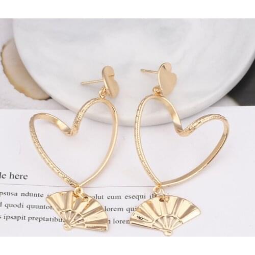 Korean Fashion Long Fan Hollow Heart Dangle Earrings For Women Geometric Metal Gold Color Earring Wedding Statement Jewelry Gift