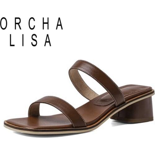 ORCHA LISA 2021 Fashion Concise Slippers Narrow Band Solid Open Toe Slip On 4cm Chunky Heel Shoes Size 34-40 Brown Beige A4263