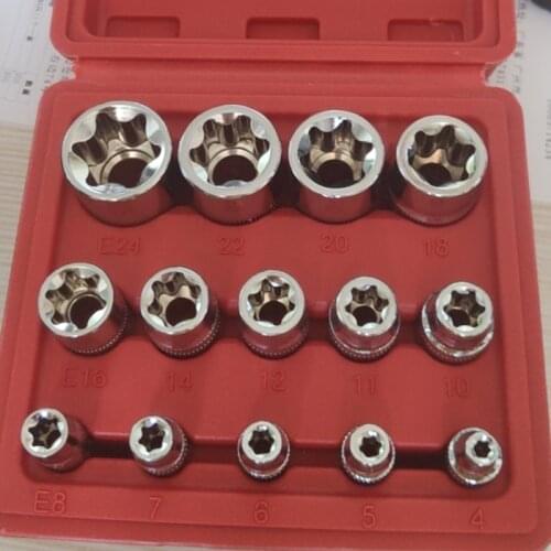 N0HB 14pcs Star E Torx Socket Set Female 3/8 1/2 1/4 Drive E4 - E24 External Torque Socket Tool Kit