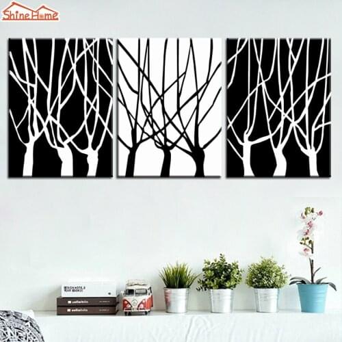 ShineHome-3pcs Wall Art Canvas Prints Painting Triptych Abstract Simple Black and White Tree Modular Pictures for Living Room