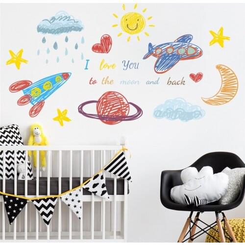 Hand-Painted Airplane Planet Sun Wall Stickers Childrens Room Living Room Bedroom Creative Decoration Wall Adhesive Borders PVC