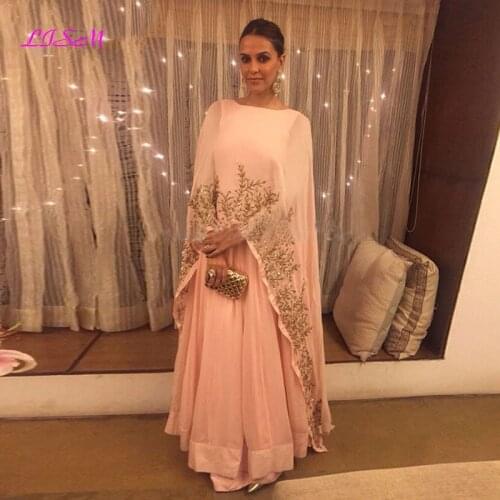 Peach Pink Muslim Evening Dresses Golden Lace Appliques Chiffon Plus Size Saudi Arabic Prom Formal Dress Special Occasion Women