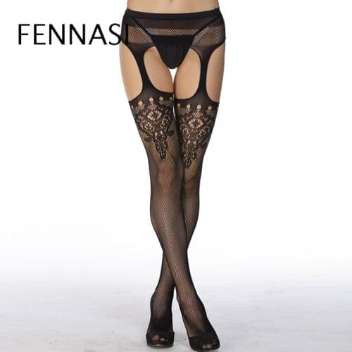 FENNASI Sexy Open Crotch Fishnet Tights For Women Black Jacquard Perspective Nylon Tights Strumpfhose Cutout Erotic Stockings