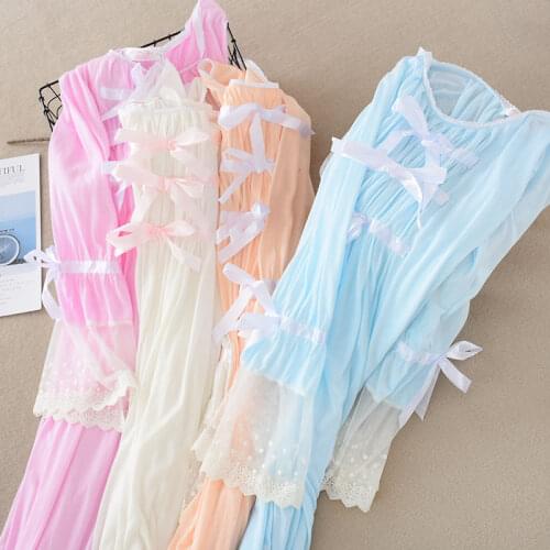 Japnaese Girl Kawaii Girls Lolita Silk Cotton Sakura Pink bowtie sleepwear Sleep Dress Gown Vintage Princess Bows Cute AW317