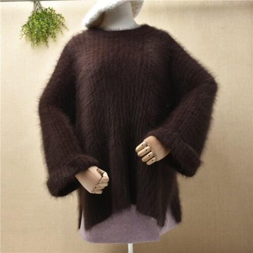 Heavy thick female women hairy striped 100% mink cashmere knitted long sleeve loose oversized pullover angora fur jumper sweater