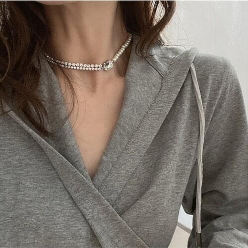 Origin Summer Textured French Double Layer Pearl Square Rhinestone Chokers Necklace for Women Luxury Asymmetric Necklace Jewelry